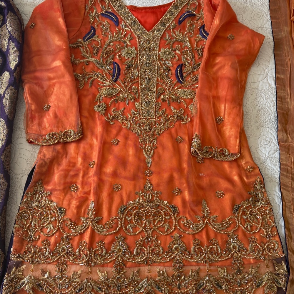 Embroidered Orange Dress with Gold Detailing